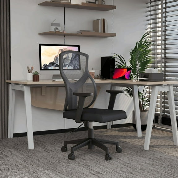 LeisureMod Glen Office Chair Upholstered Cotton Mid-Back Mesh Computer Chair with Adjustable Height, Swivel and Tilt in Light Grey