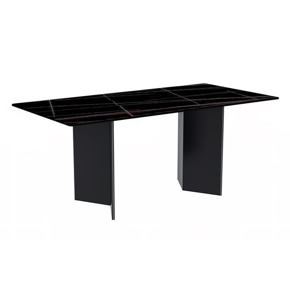 LeisureMod Olyra Dining Table Rectangular Kitchen Table with a 55" Wide Glass Tabletop and Steel Base for Home and Kitchen in Black