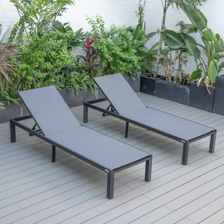 LeisureMod Outdoor Chaise Lounge Chair with Aluminum Frame and Sling Fabric Seat Adjustable Reclining Positions for Modern Home, Patio, Backyard Marlin Collection Set of 2 in Dark Grey
