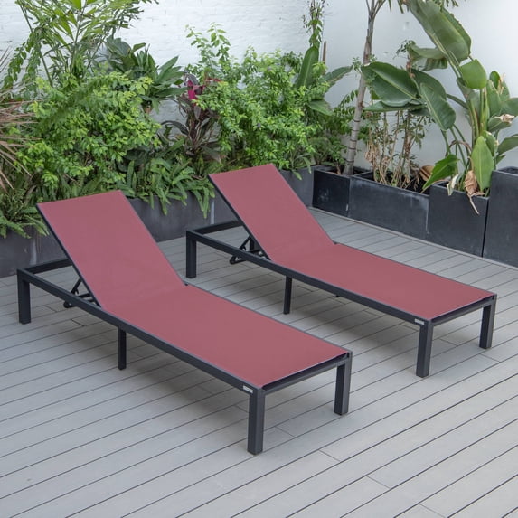 LeisureMod Outdoor Chaise Lounge Chair with Aluminum Frame and Sling Fabric Seat Adjustable Reclining Positions for Modern Home, Patio, Backyard Marlin Collection Set of 2 in Burgundy