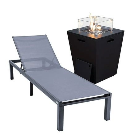 LeisureMod Outdoor Chaise Lounge Chair with a Square Fire Pit Table in Powder-Coated Aluminum Sling Fabric Seat Adjustable Reclining Positions for Backyard Marlin Collection in Dark Grey