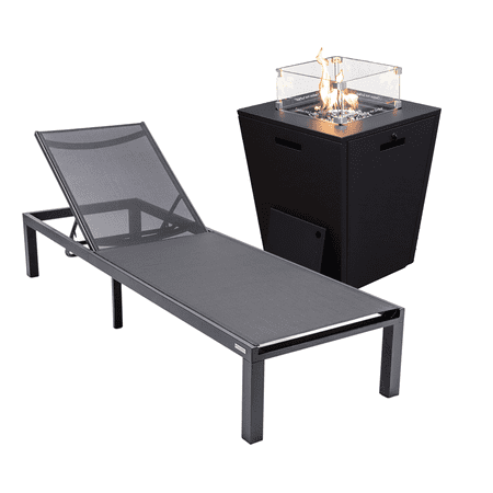 LeisureMod Outdoor Chaise Lounge Chair with a Square Fire Pit Table in Powder-Coated Aluminum Sling Fabric Seat Adjustable Reclining Positions for Backyard Marlin Collection in Black