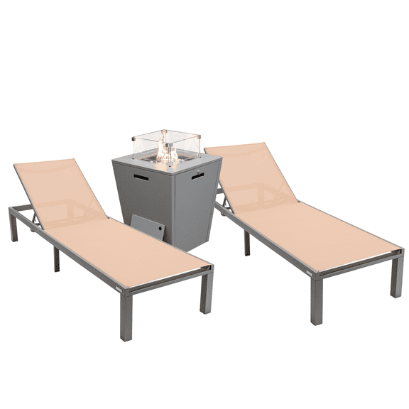 LeisureMod Outdoor Chaise Lounge Chair with a Square Fire Pit Table in Powder-Coated White Sling Fabric Seat Adjustable Reclining Positions for Backyard Marlin Collection Set of 2 in Light Brown