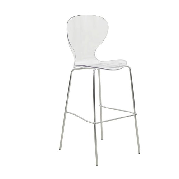 LeisureMod Oyster Mid-Century Modern Acrylic Barstool with Steel Frame in Chrome Finish for Kitchen and Dining Room, Clear