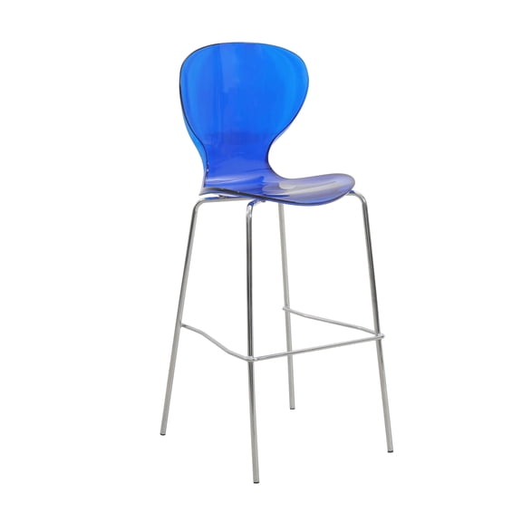 LeisureMod Oyster Mid-Century Modern Acrylic Barstool with Steel Frame in Chrome Finish for Kitchen and Dining Room, Transparent Blue