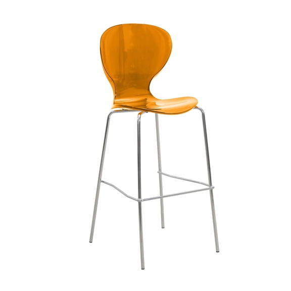 LeisureMod Oyster Mid-Century Modern Acrylic Barstool with Steel Frame in Chrome Finish for Kitchen and Dining Room, Transparent Orange