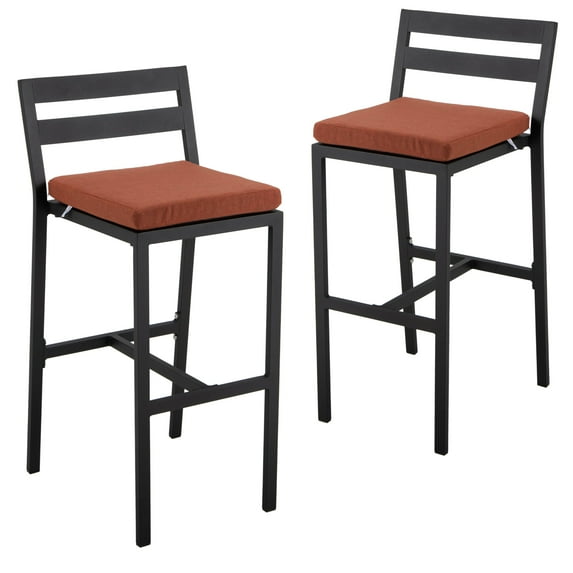 LeisureMod Patio Bar Stool in Powder-Coated Aluminum Frame with Removable Cushion Low Open-Back Design and Footrest Chelsea Collection Set of 2 in Orange