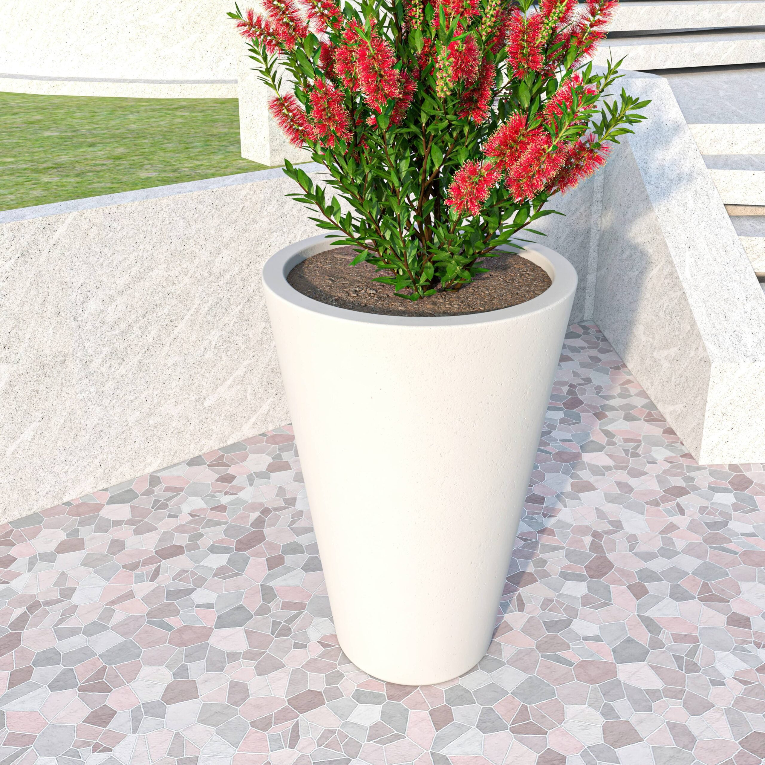 LeisureMod Pebble Fiberstone and MGO Clay Planter, Mid-Century Modern Tapered Round Planter Pot for Indoor and Outdoor (White, 28 Inch)