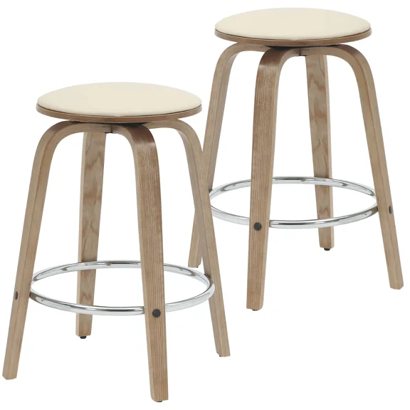 LeisureMod Pelya Modern Leather Swivel Round Counter Stool with Wood Legs and Chrome Footrest – Stylish Bar Stool for Kitchen Island or Dining Area Set of 2
