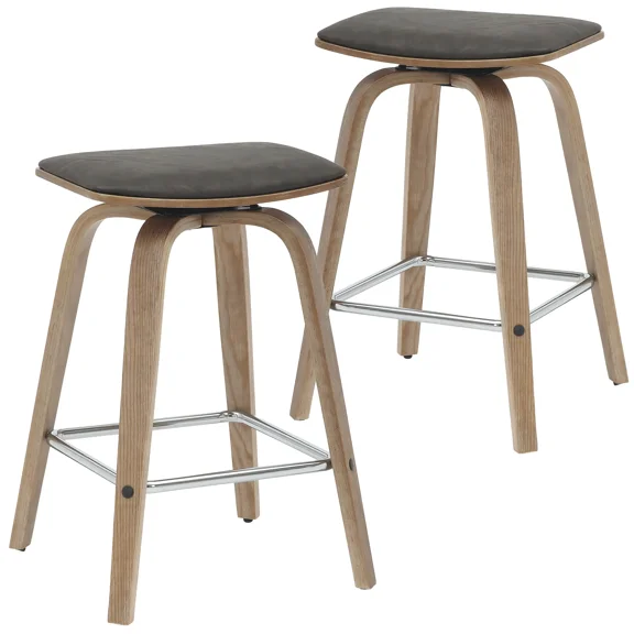 LeisureMod Pelya Modern Leather Swivel Square Counter Stool with Wood Legs and Chrome Footrest – Stylish Bar Stool for Kitchen Island or Dining Area Set of 2
