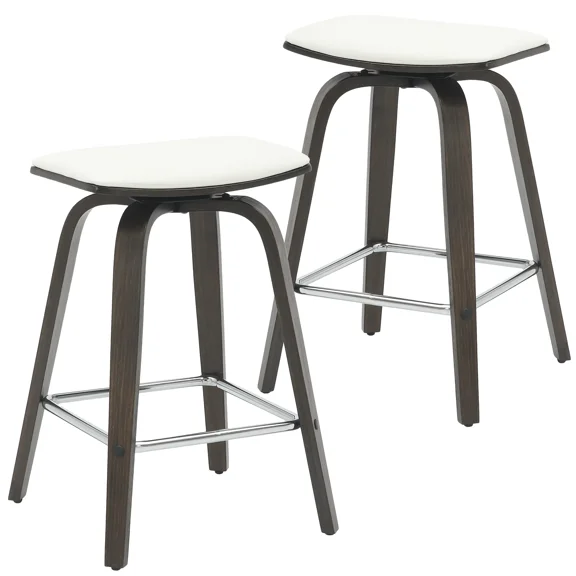 LeisureMod Pelya Modern Leather Swivel Square Counter Stool with Wood Legs and Chrome Footrest – Stylish Bar Stool for Kitchen Island or Dining Area Set of 2