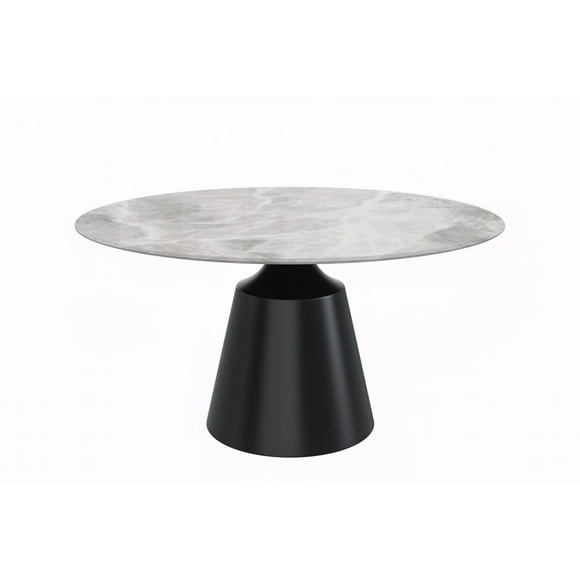 LeisureMod Prynn Mid-Century Modern 60" Round Dining Table with Sintered Stone Top and Black Pedestal Base for Kitchen and Dining Room (Light Grey)