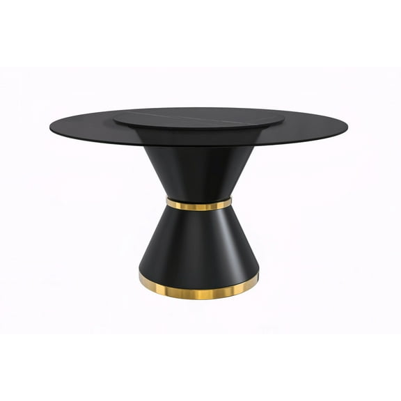 LeisureMod Qorvus Series Round Dining Table Black\Gold Base with 60 Round BLack Glass Top