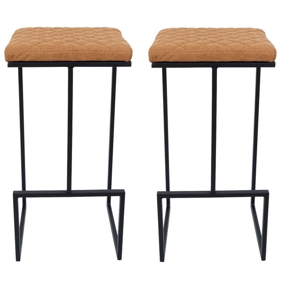 LeisureMod Quincy Quilted Stitched Leather Bar Stools - Stylish, Durable Seating with Black Metal Frame for Kitchen, Home Bar, and Dining Room - Light Brown Set of 2