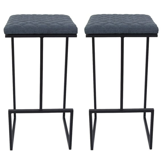 LeisureMod Quincy Quilted Stitched Leather Bar Stools - Stylish, Durable Seating with Black Metal Frame for Kitchen, Home Bar, and Dining Room - Peacock Blue Set of 2