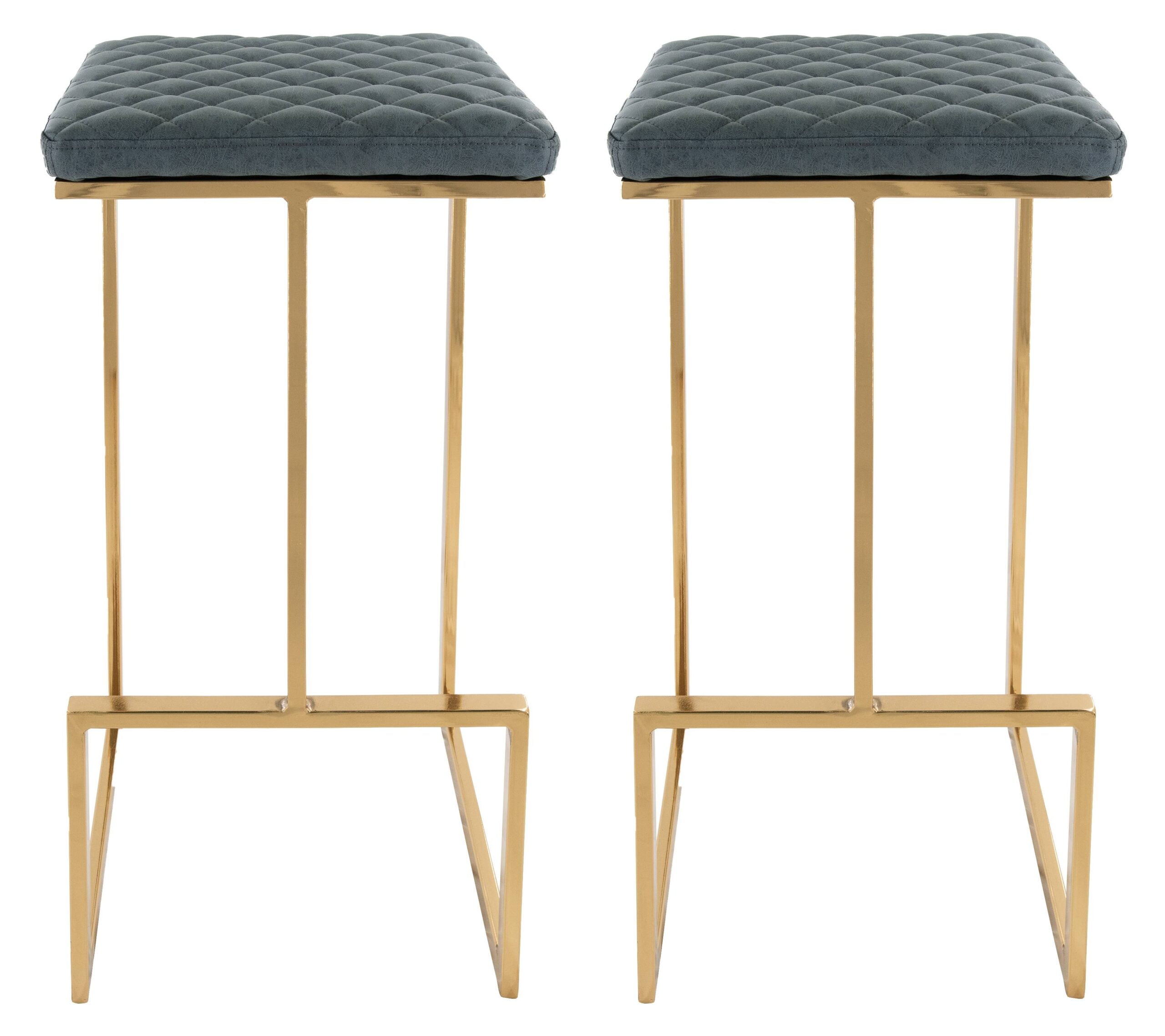 Peacock Blue Leather Bar Stools with Gold Metal Frame, 29"