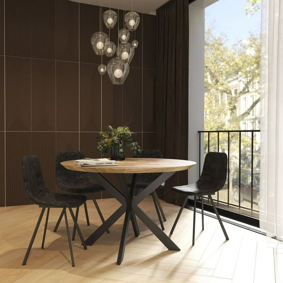 LeisureMod Ravenna 47" Round Dining Table, Natural Wood Top with Black X-Shaped Metal Base, Modern Kitchen or Dining Room Furniture for 2–4 People, Natural Wood