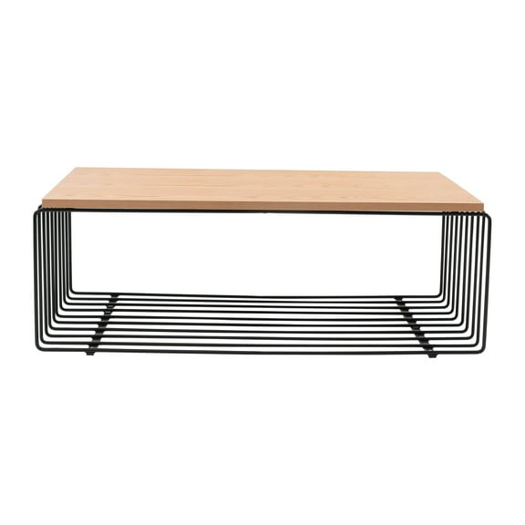 LeisureMod Rectangular Coffee Table with Ash Wood Veneer Top and Powder-Coated Steel Base Wireframe Design with Crossbars Walden Collection in Black