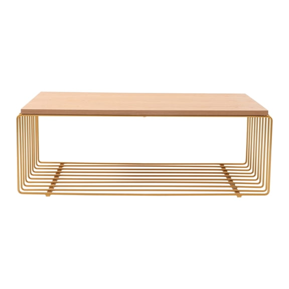 LeisureMod Rectangular Coffee Table with Ash Wood Veneer Top and Powder-Coated Steel Base Wireframe Design with Crossbars Walden Collection in Gold