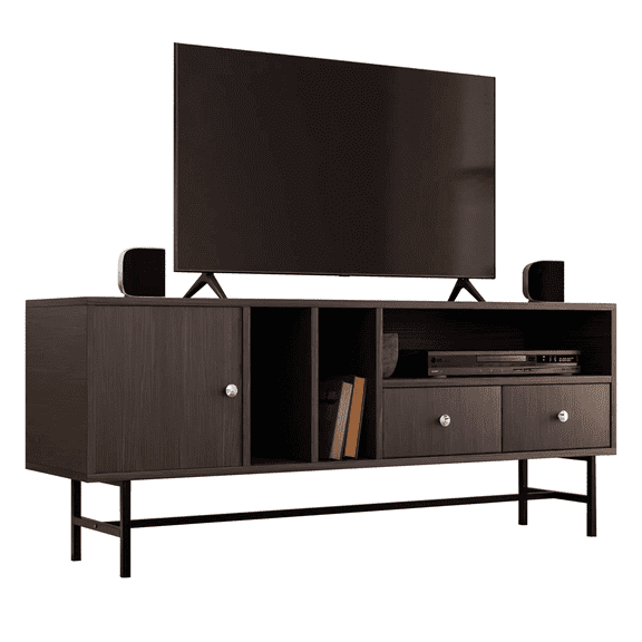 LeisureMod Rectangular TV Stand in MDF with Enclosed Cabinets and Drawers and Powder-Coated Steel Metal Legs for Modern Home, Living Room Rochester Collection in Phantom Grey