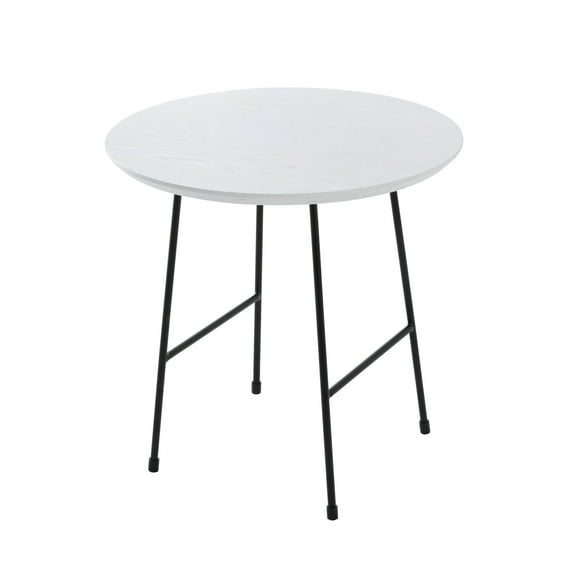 LeisureMod Rossmore Mid Century Round Side Table With Black Powder Coated Steel Frame, MDF Wood with Ash Veneer Top End Circular Modern Accent Table for Living Room and Bedroom (White)