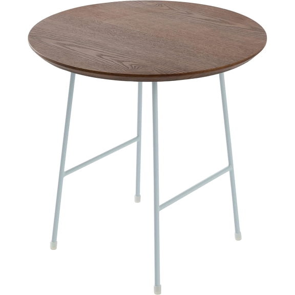 LeisureMod Rossmore Mid Century Modern Round Side White Powder Coated Steel Frame, MDF Wood with Ash Veneer Top End Circular Accent Table for Living Room and Bedroom, Walnut