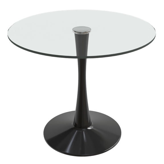 LeisureMod Round Dining Table Modern 27" Glass Tabletop with Black Steel Pedestal Base for Kitchen and Living Room Bristol Series