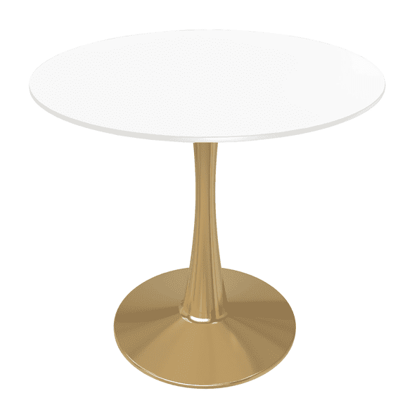 LeisureMod Round Dining Table Modern 27" MDF Wood Tabletop with Gold Steel Pedestal Base for Kitchen and Living Room Bristol Series in White
