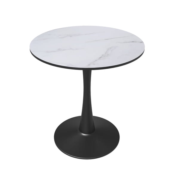 LeisureMod Round Dining Table Modern 27" MDF Wood Tabletop with Steel Pedestal Base for Kitchen and Living Room Bristol Series in Marbled White