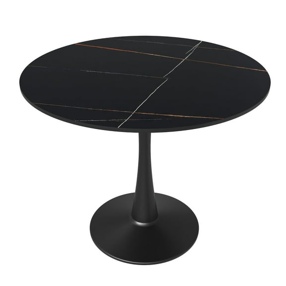 LeisureMod Round Dining Table Modern 31" Sintered Stonw Tabletop with Steel Pedestal Base for Kitchen and Living Room Bristol Series in Black