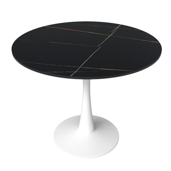 LeisureMod Round Dining Table Modern 31" Sintered Stone Tabletop with White Steel Pedestal Base for Kitchen and Living Room Bristol Series in Black