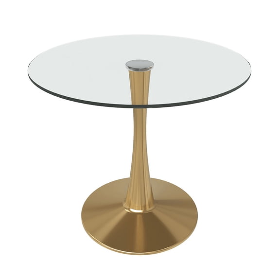 LeisureMod Round Dining Table Modern 35" Glass Tabletop with Gold Steel Pedestal Base for Kitchen and Living Room Bristol Series