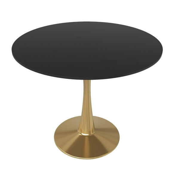 LeisureMod Round Dining Table Modern 35" MDF Wood Tabletop with Gold Steel Pedestal Base for Kitchen and Living Room Bristol Series in Black