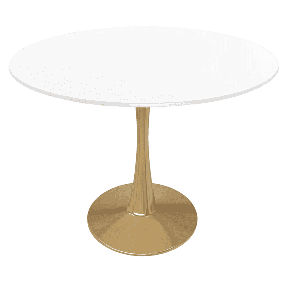 LeisureMod Round Dining Table Modern 35" MDF Wood Tabletop with Gold Steel Pedestal Base for Kitchen and Living Room Bristol Series in White