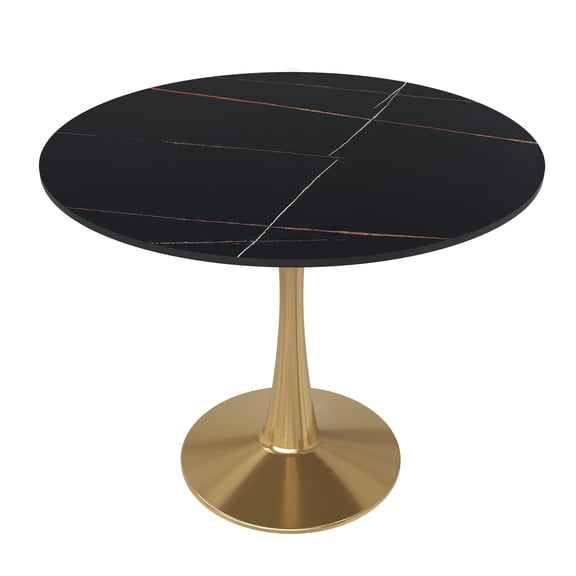 LeisureMod Round Dining Table Modern 35" Sintered Stone Tabletop with Gold Steel Pedestal Base for Kitchen and Living Room Bristol Series in Black