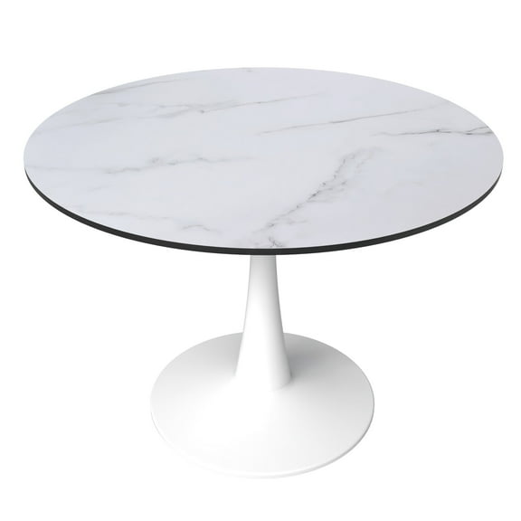 LeisureMod Round Dining Table Modern 40" MDF Wood Tabletop with Steel Pedestal Base for Kitchen and Living Room Bristol Series in Marbled White