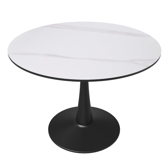 LeisureMod Round Dining Table Modern 40" Sintered Stone Tabletop with Black Steel Pedestal Base for Kitchen and Living Room Bristol Series in White