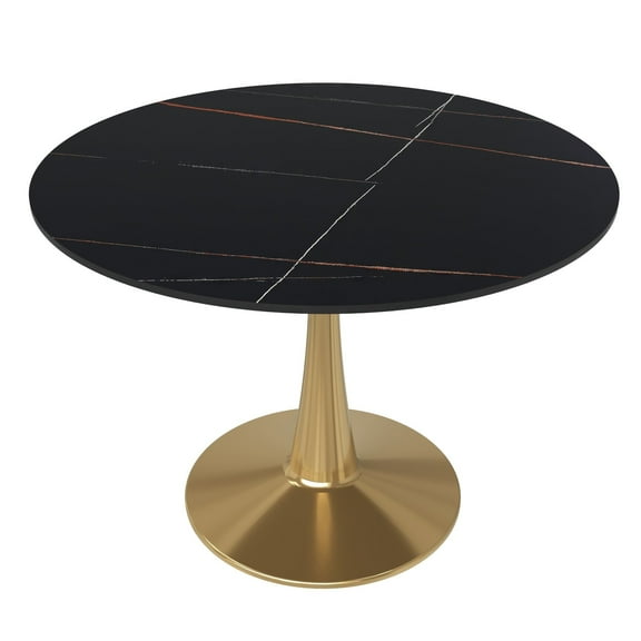 LeisureMod Round Dining Table Modern 40" Sintered Stone Tabletop with Gold Steel Pedestal Base for Kitchen and Living Room Bristol Series in Black