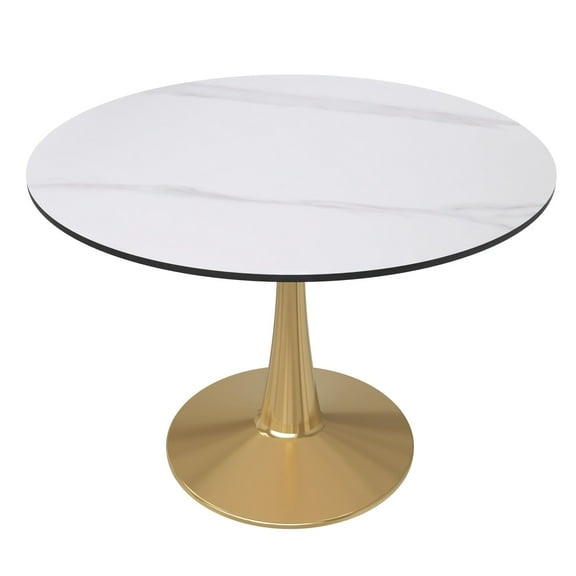 LeisureMod Round Dining Table Modern 40" Sintered Stone Tabletop with Gold Steel Pedestal Base for Kitchen and Living Room Bristol Series in White