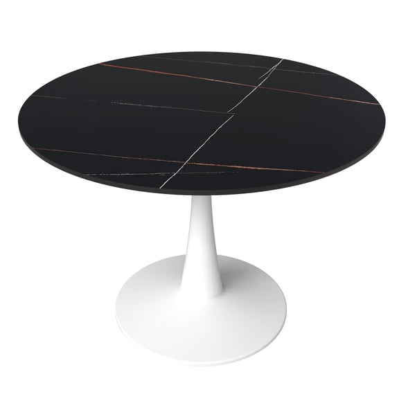 LeisureMod Round Dining Table Modern 40" Sintered Stone Tabletop with White Steel Pedestal Base for Kitchen and Living Room Bristol Series in Black