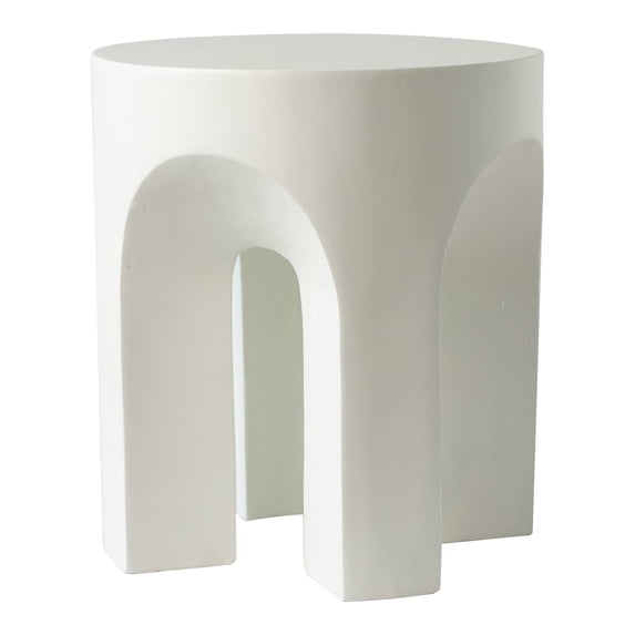 LeisureMod Round Side Table in Fiberstone with Arched Base Design Compact Weather-Resistant for Modern Home, Living Room, Bedroom, Patio Crus Collection in White