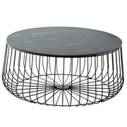 LeisureMod Runswick Mid Century Modern Round Coffee Table with an Ash Veneer Top with Black Wire Steel Base Design Contemporary Accent Table for Living Room and Bedroom (Black)