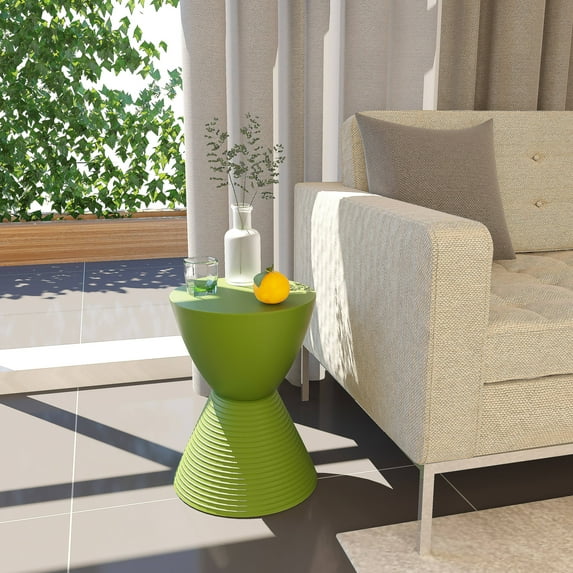 LeisureMod Hourglass Side Table with Storage, Modern ABS Drum Accent End Table with Removable Lid for Indoor Outdoor Use - Boyd Series, Green