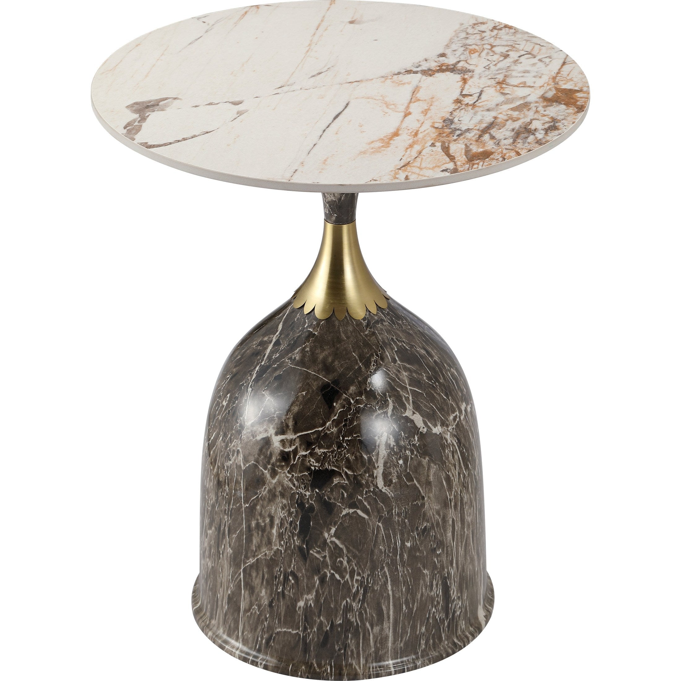 Marbled Brown Round Sintered Stone Side Table with Gold Neck