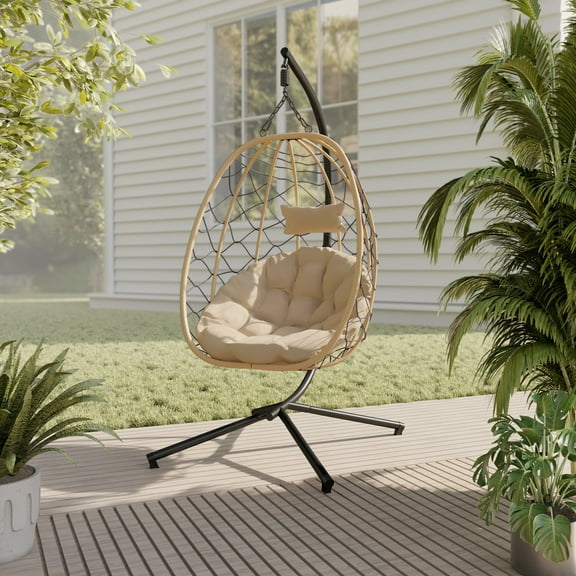 LeisureMod Single Person Egg Swing Chair Powder-Coated Iron Stand in Brown and Steel Chains with Removable Cushions Summit Collection in Beige