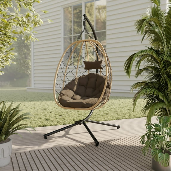 LeisureMod Single Person Egg Swing Chair Powder-Coated Iron Stand in Brown and Steel Chains with Removable Cushions Summit Collection in Brown