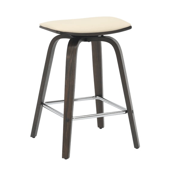 LeisureMod Square Counter Stool Upholstered in Leather with Stained Poplar Wood Frame and Chrome Iron Footrest with 360-Degree Swivel for Modern Home, Kitchen, Bars, Cafes Pelya Collection in Black