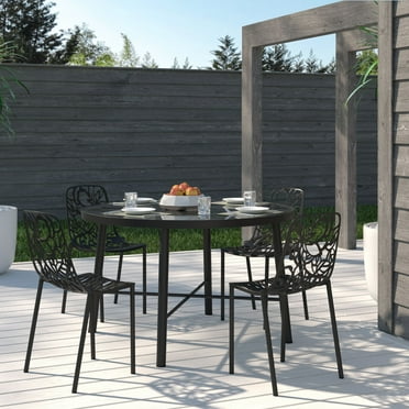 LeisureMod Stackable Dining Chair in Aluminum with Stackable and Floral Cutout Design Indoor Outdoor Use No Assembly for Modern Home, Kitchen, Patio Devon Collection in Black Set of 4