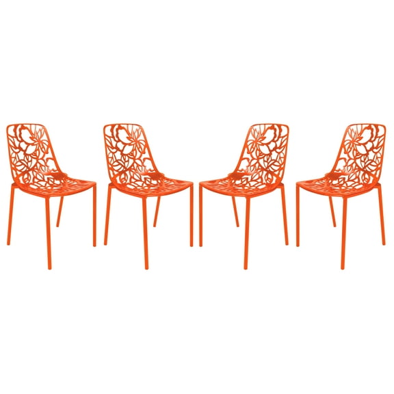 LeisureMod Stackable Dining Chair in Aluminum with Stackable and Floral Cutout Design Indoor Outdoor Use No Assembly for Modern Home, Kitchen, Patio Devon Collection in Orange Set of 4