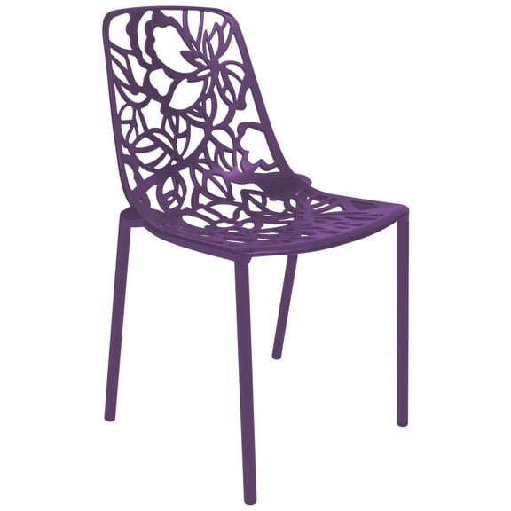 LeisureMod Stackable Dining Chair in Aluminum with Stackable and Floral Cutout Design Indoor Outdoor Use No Assembly for Modern Home, Kitchen, Patio Devon Collection in Purple